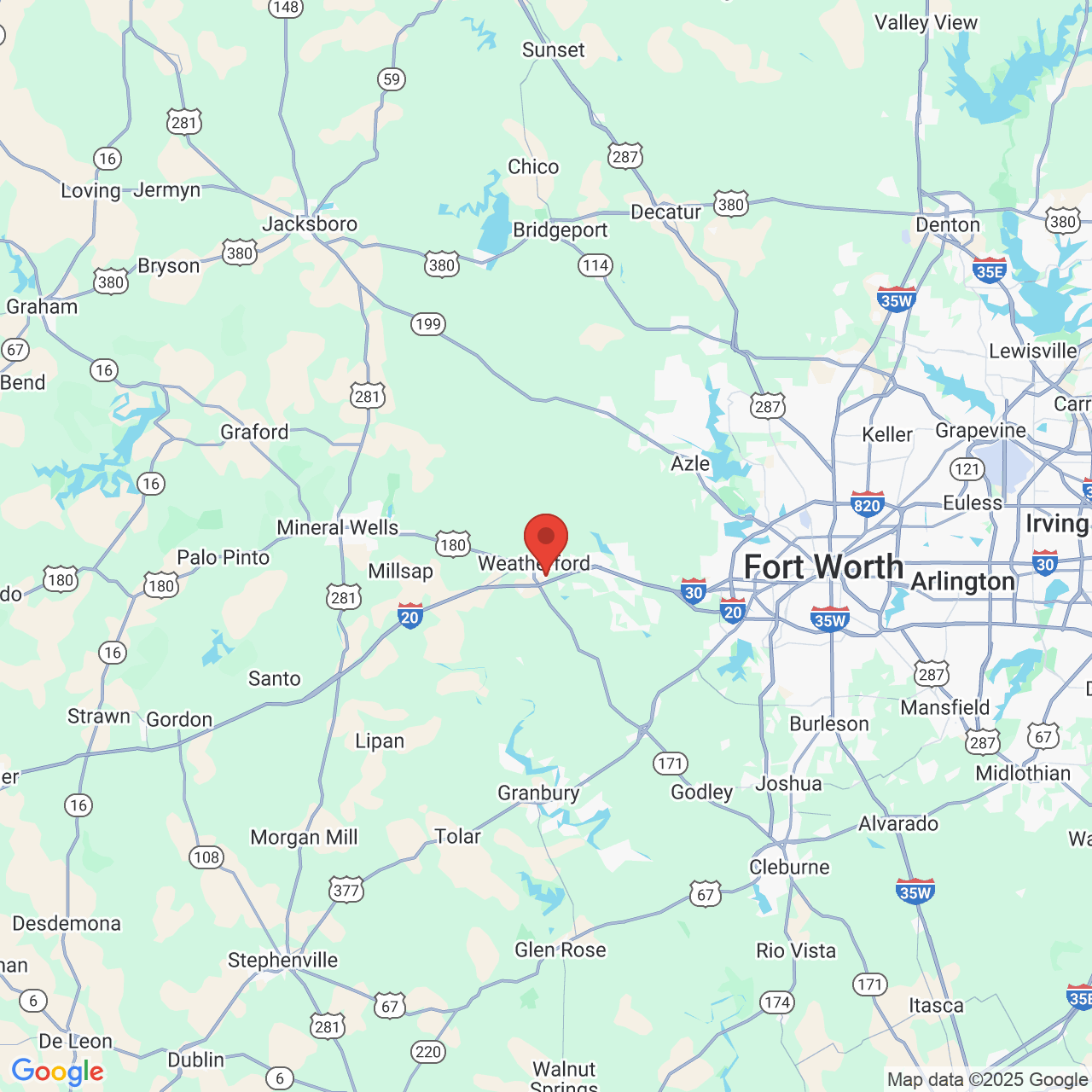 Google map image of our location in 1429 Clear Lake Rd Weatherford, TX